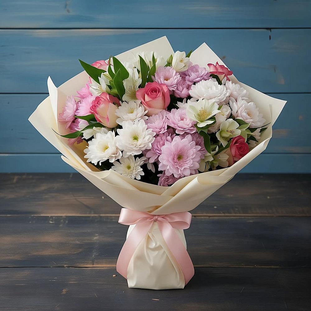 Букет цветов из: Хризантемы, Альстромерии и Розы в Красном Октябре